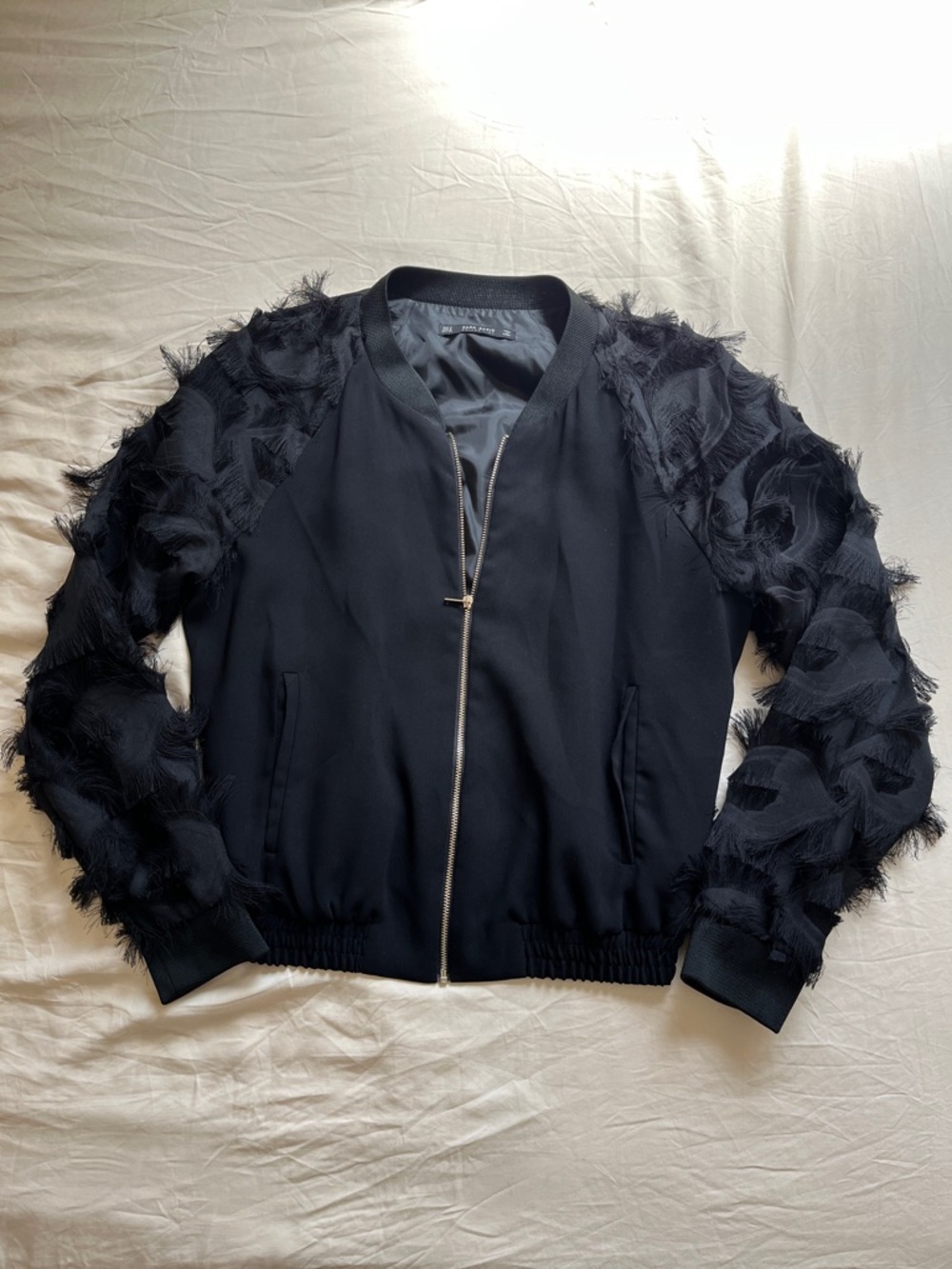 Zara Black Bomber Jacket with Frayed/Wispy/Feathered Sleeves Small